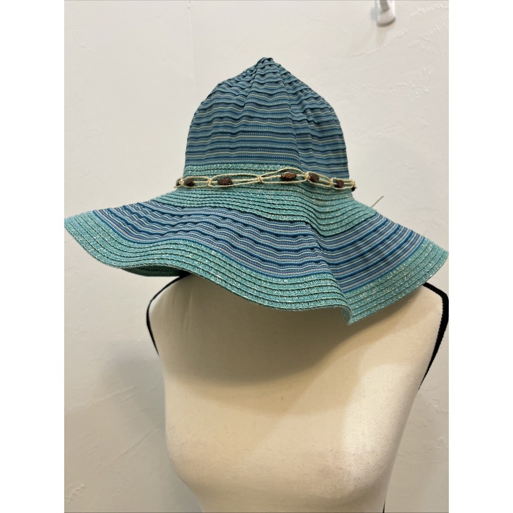 Scala Collezione Sun Hat Women‎ One Size Blue Teal Good Striped Paper Braid Bead
